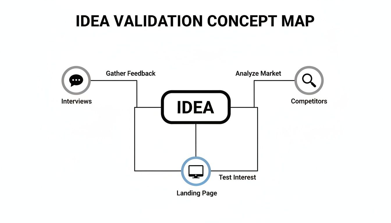 Idea Validation Concept Map showing methods: Interviews, Market Analysis for Competitors, and Landing Page to test interest.