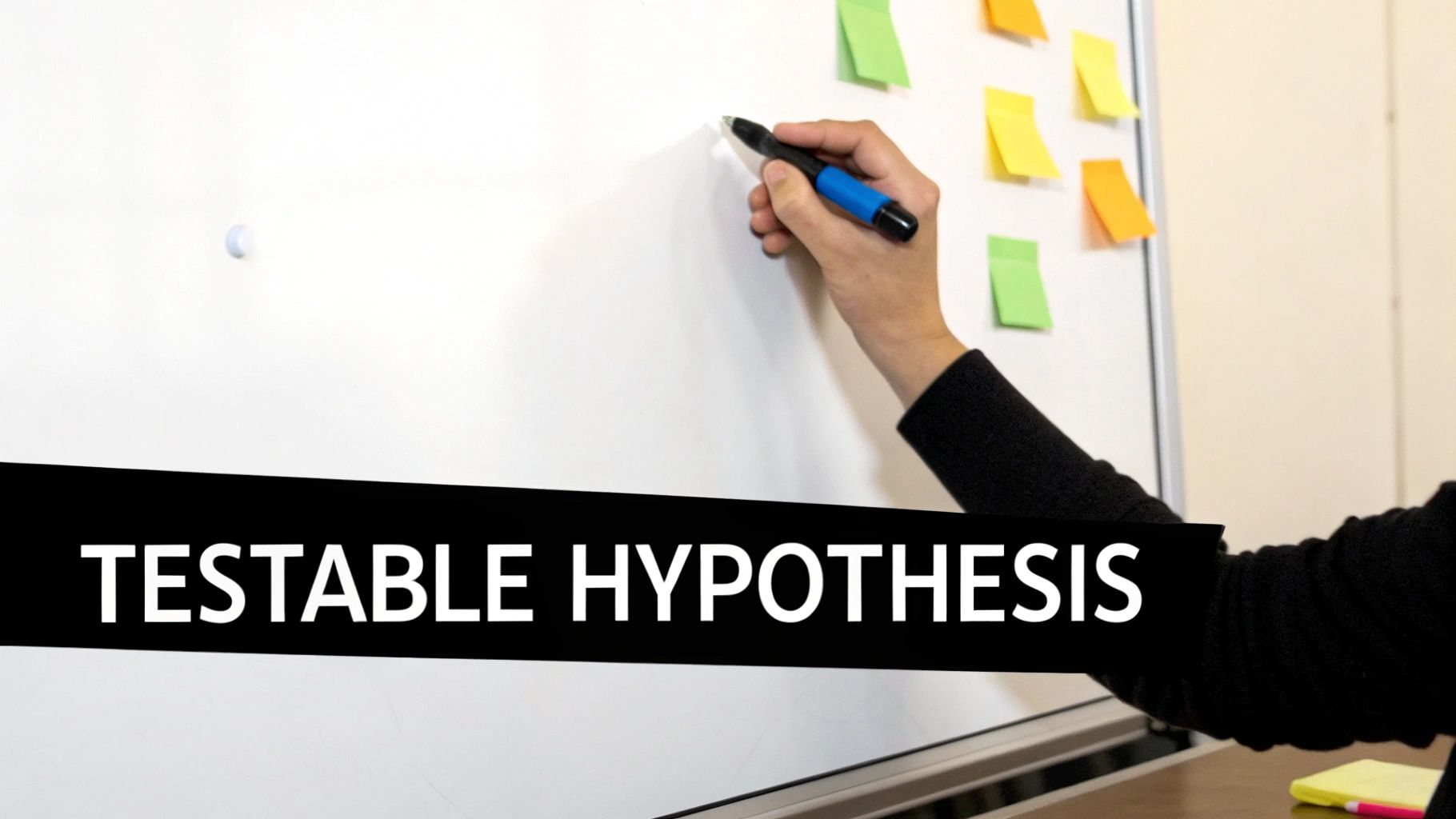 A hand writing on a whiteboard with colorful sticky notes and the text 'TESTABLE HYPOTHESIS'.