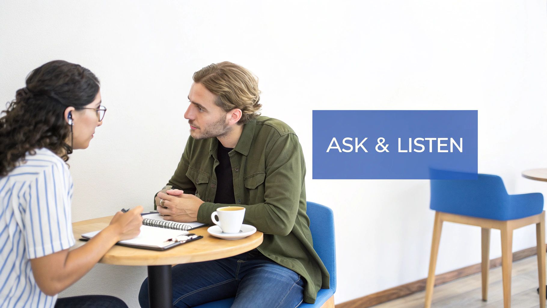 A woman takes notes while talking to a man at a cafe, with 'ASK & LISTEN' text.