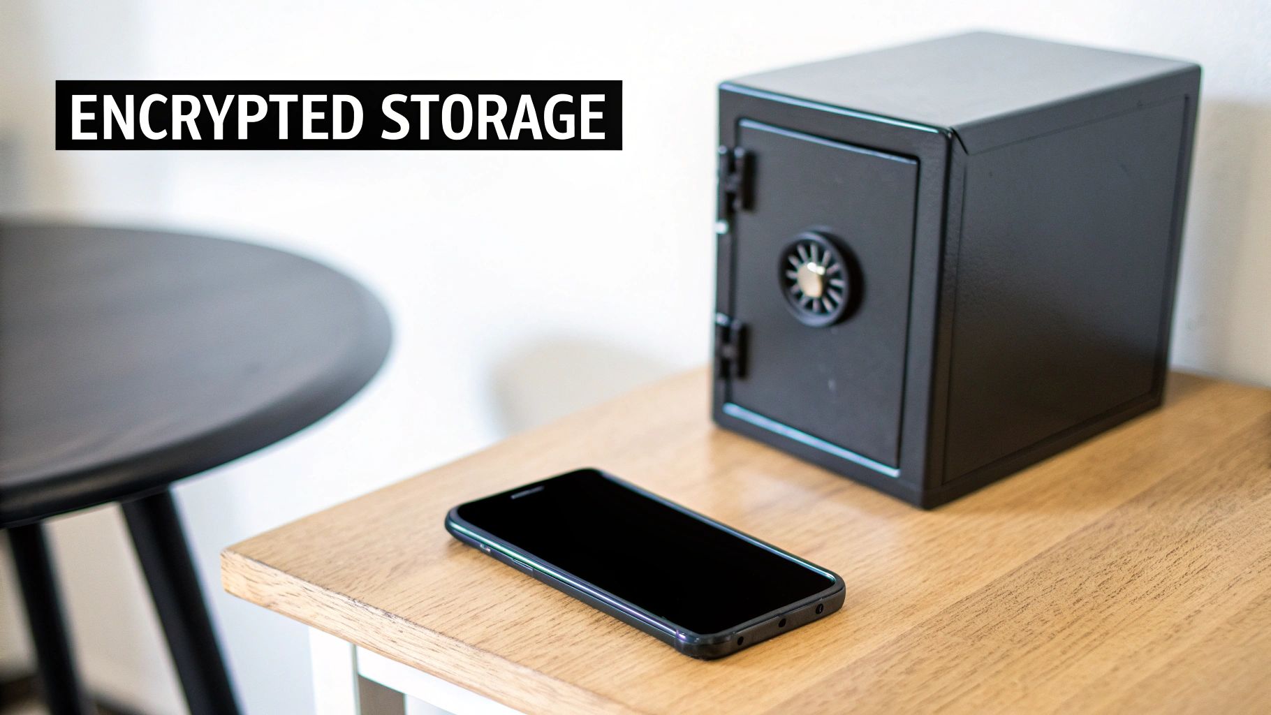 A black safe and a smartphone on a wooden table, illustrating encrypted data storage.