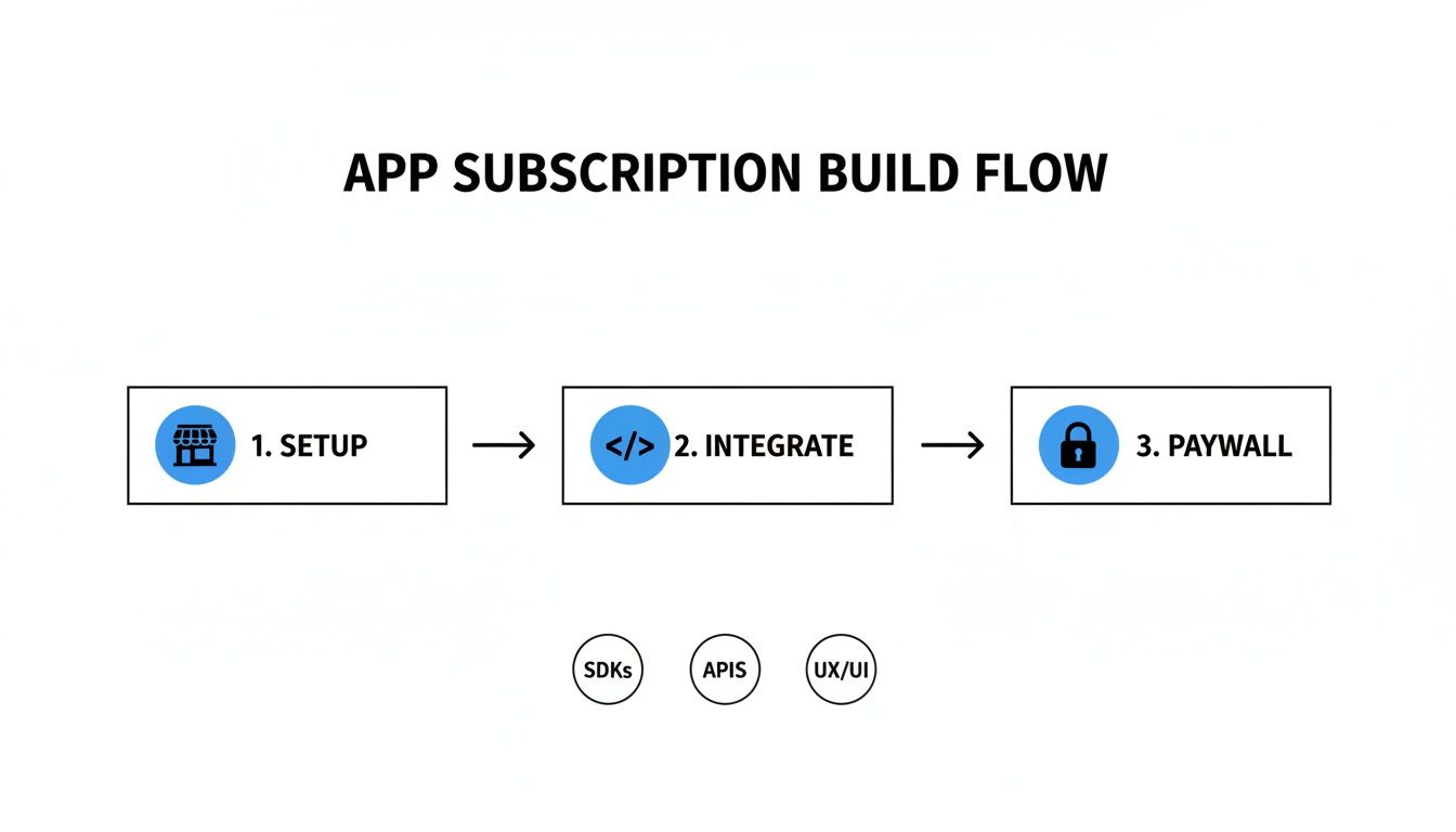 Flowchart showing the app subscription build process: Setup, Integrate (SDKs, APIs, UX/UI), and Paywall.