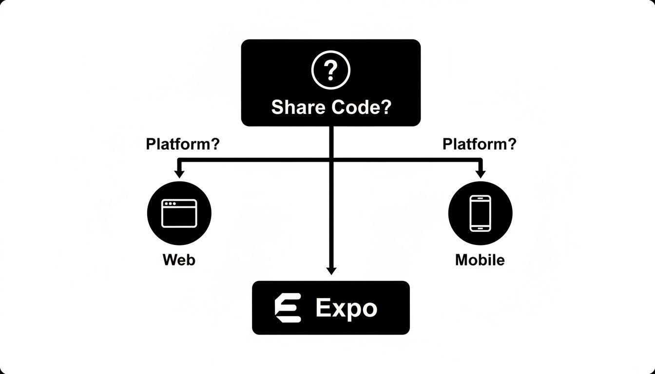 Diagram showing how to share code between web and mobile platforms, pointing to Expo as a solution.