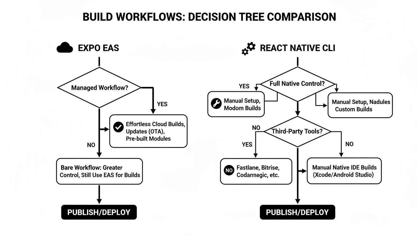 Decision tree comparison of build workflows for Expo EAS and React Native CLI platforms.
