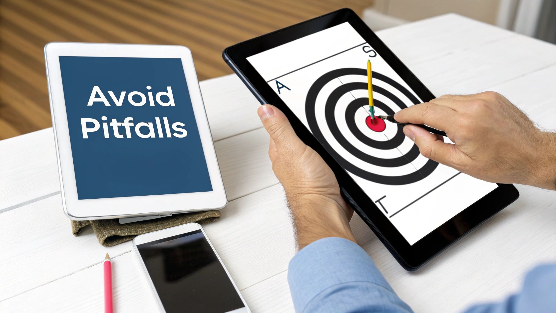 A hand interacts with a tablet showing a dart hitting a bullseye, next to another tablet displaying 'Avoid Pitfalls' text.