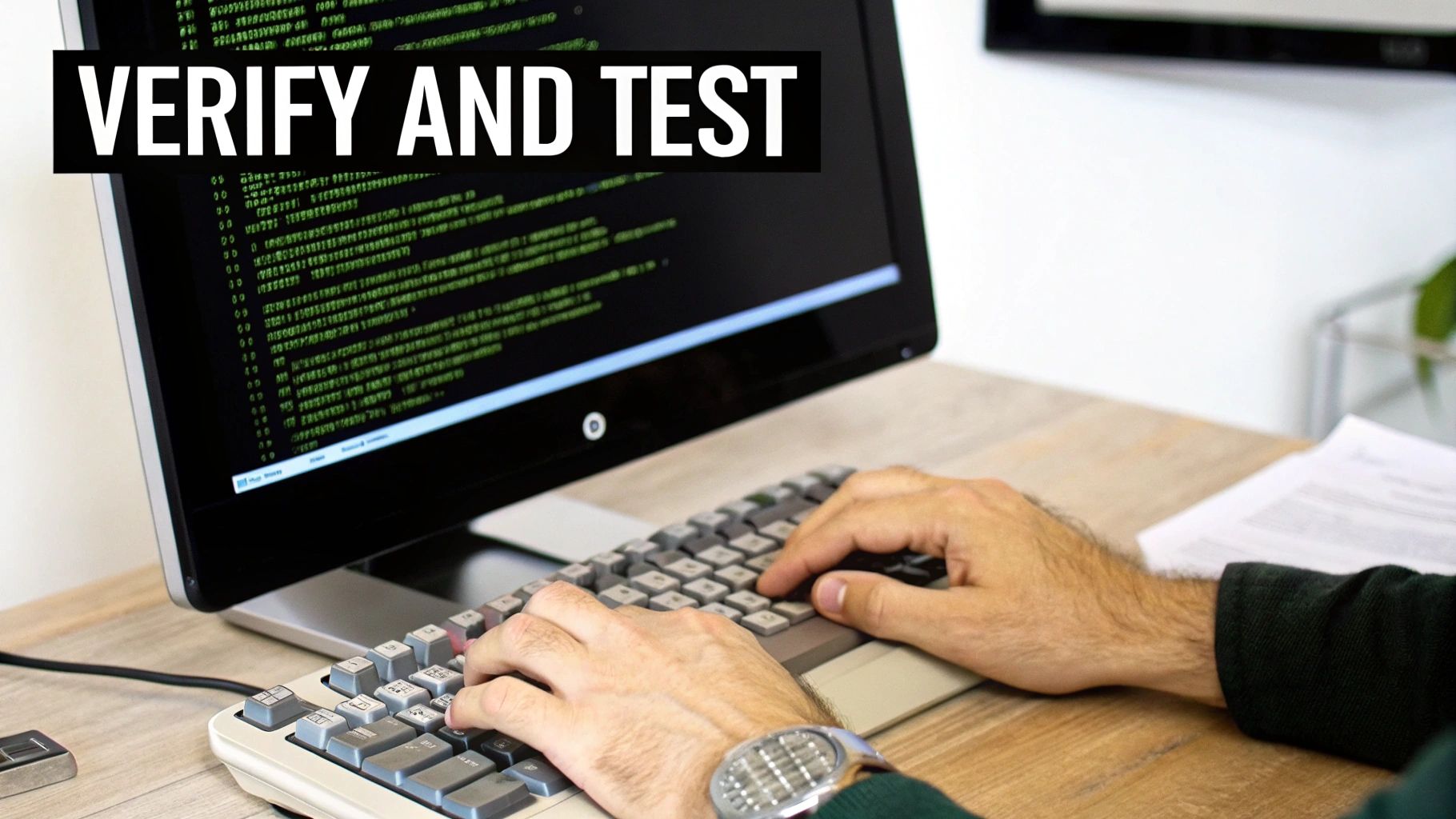 A person's hands typing on a keyboard with code on a computer screen and 'VERIFY AND TEST' text.