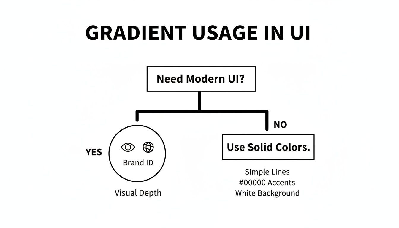 Flowchart guiding gradient usage in UI design, differentiating between modern UI needs and solid color aesthetics.