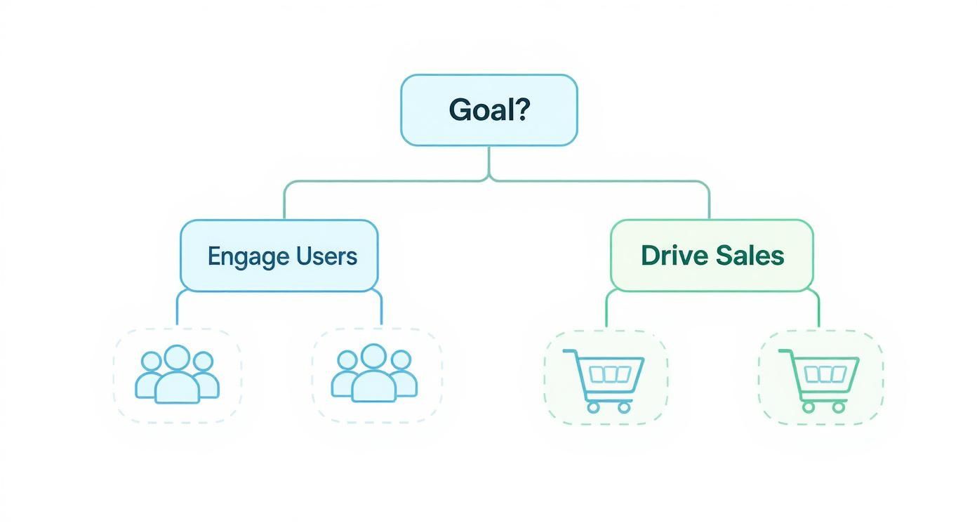 A decision tree illustrating the main goal branching into user engagement and sales generation strategies.