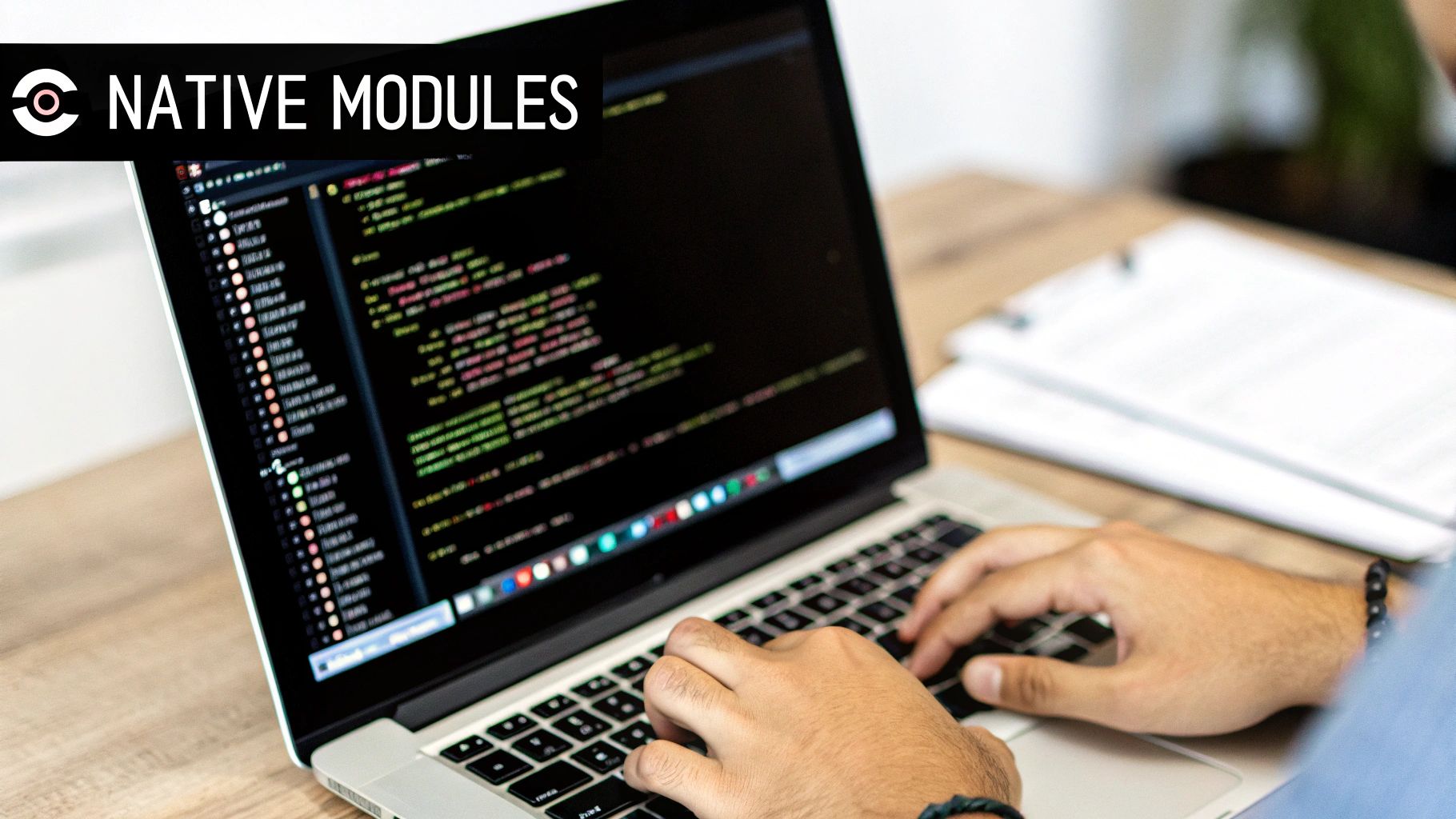 Hands typing on a laptop displaying code, with 'NATIVE MODULES' text overlay.