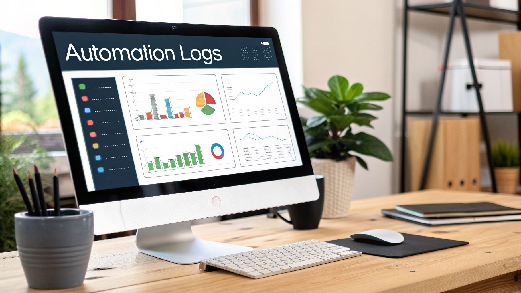 A computer monitor displays an 'Automation Logs' dashboard with charts and graphs on a wooden desk in an office.