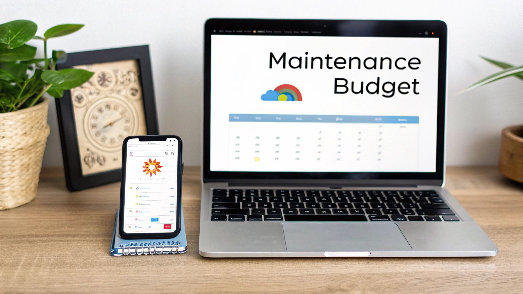 A laptop shows a 'Maintenance Budget' spreadsheet next to a smartphone displaying a colorful app.