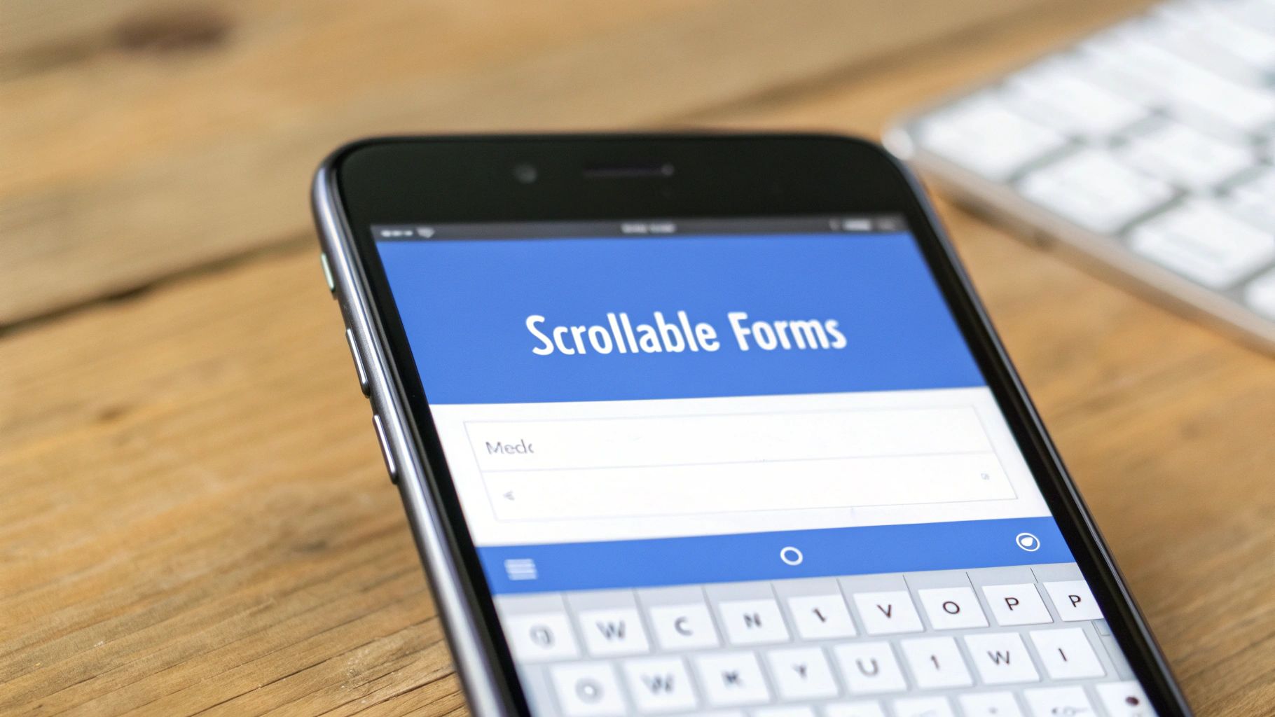 A smartphone displaying a 'Scrollable Forms' screen with an input field and a virtual keyboard.