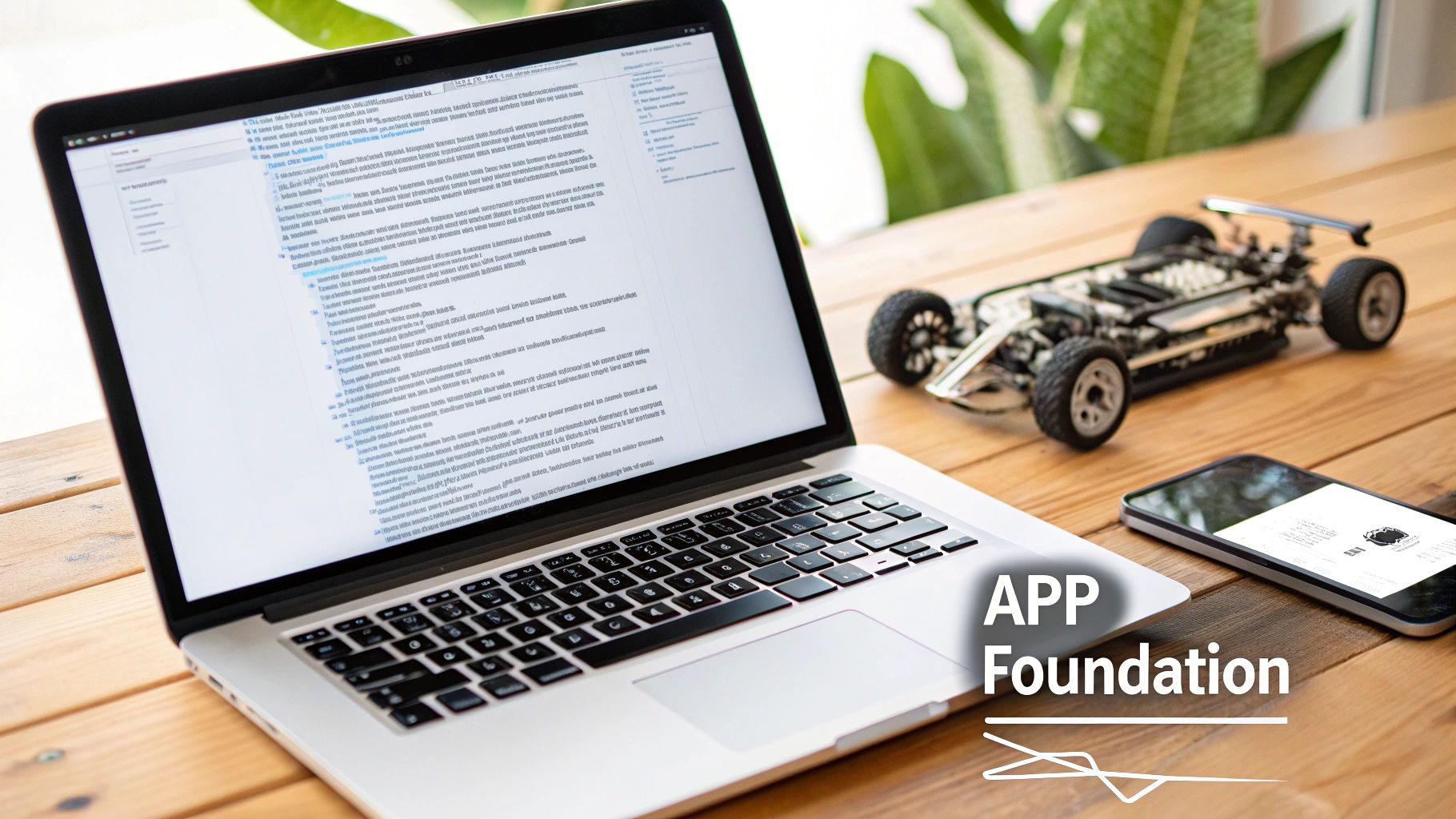 A laptop displaying code, a toy race car, and a smartphone on a wooden desk.