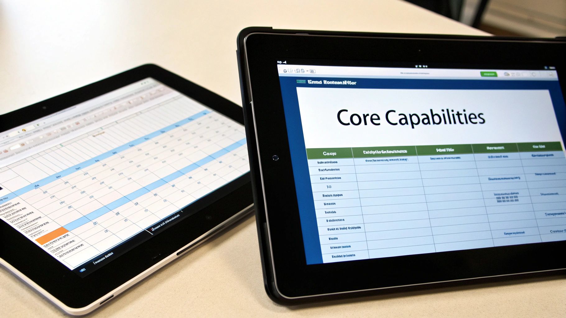 Two tablets on a white desk, one displaying a 'Core Capabilities' presentation, the other a spreadsheet.