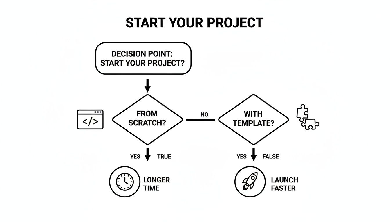 Flowchart depicting project startup options: building from scratch takes longer, using a template launches faster.