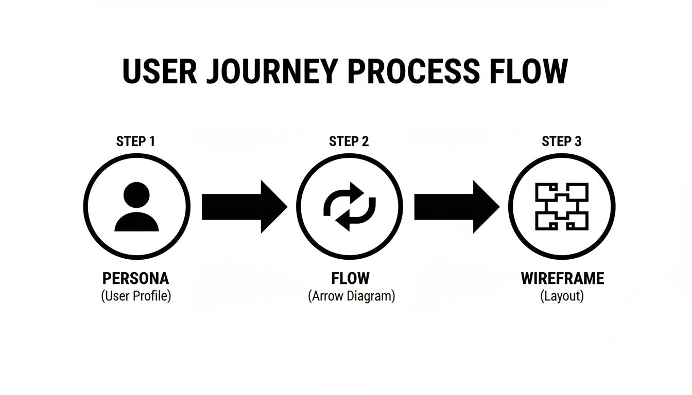 A user journey process flow diagram illustrating persona, flow, and wireframe creation.