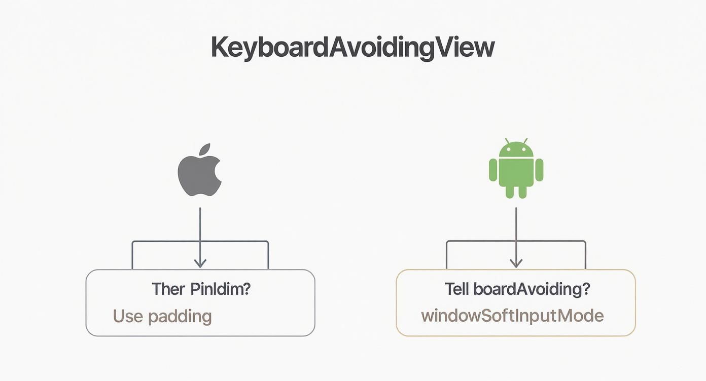 Diagram illustrating KeyboardAvoidingView behavior on iOS using padding versus Android using windowSoftInputMode.