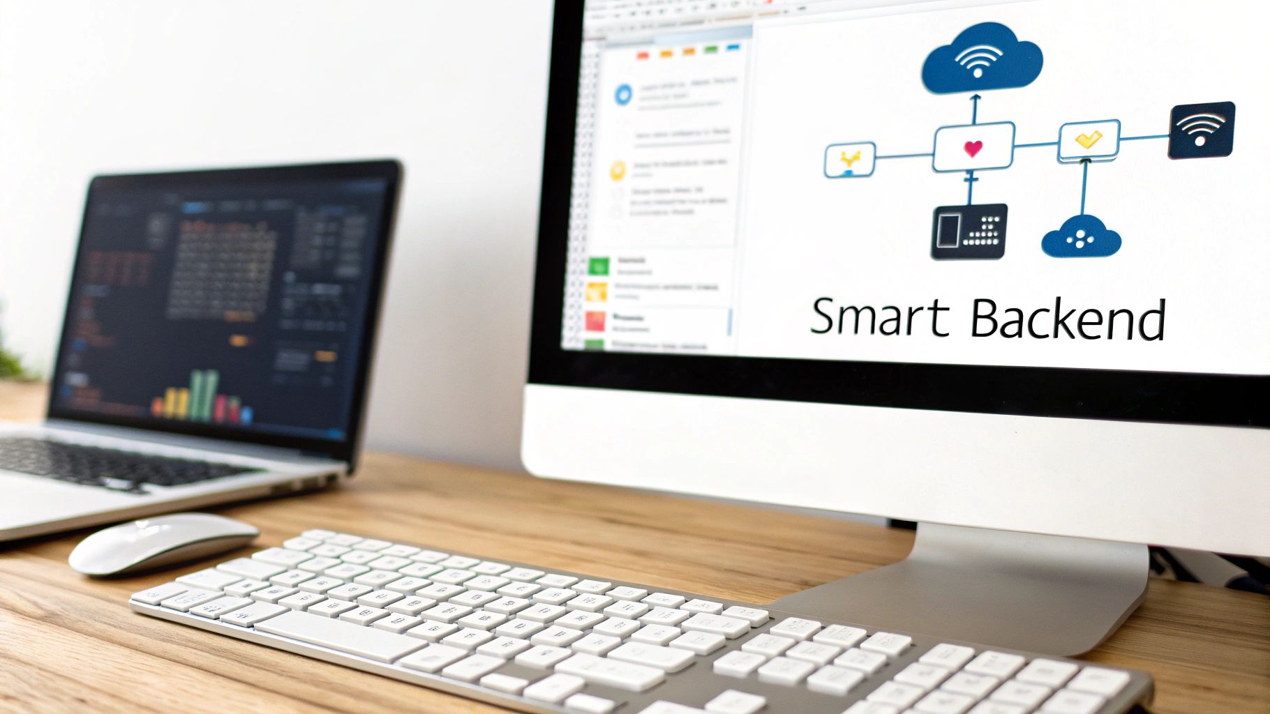 Developer's desk with a laptop showing code and a desktop showing a 'Smart Backend' architecture.