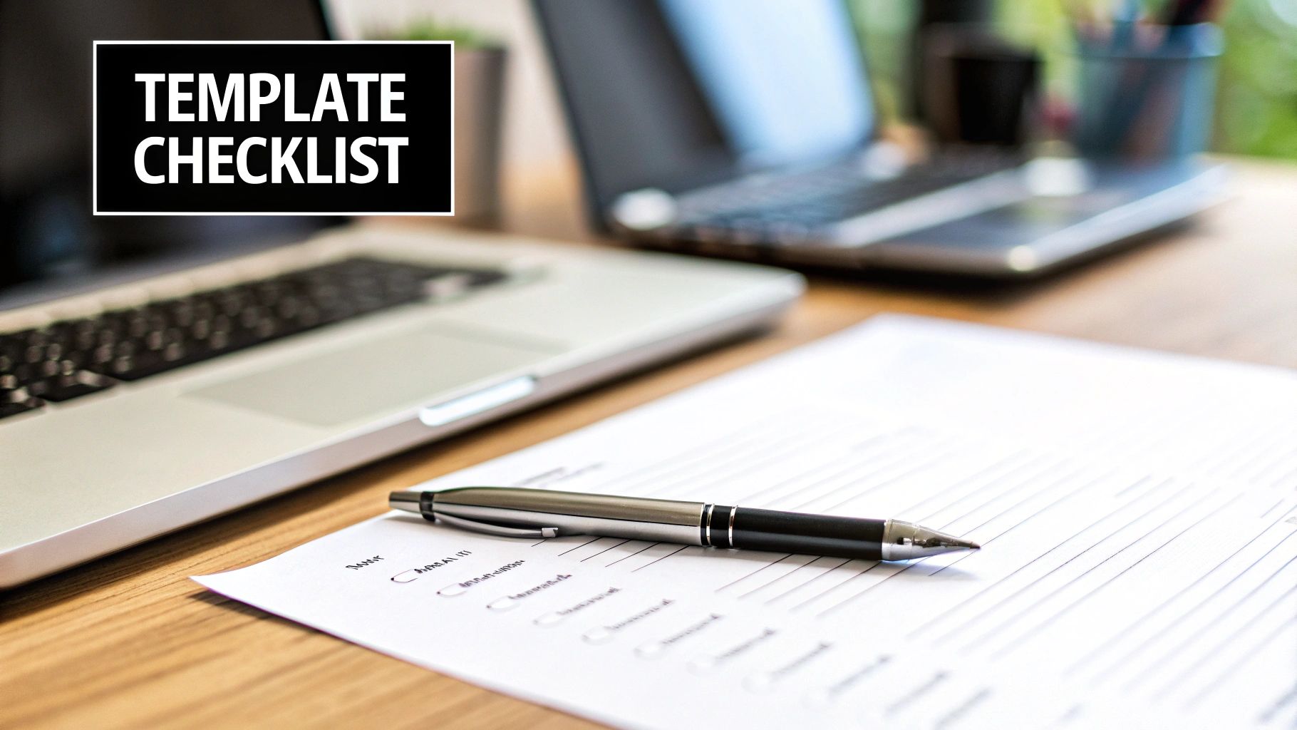 A desk setup with an open laptop, a checklist document, and a pen. A text overlay reads 'TEMPLATE CHECKLIST'.
