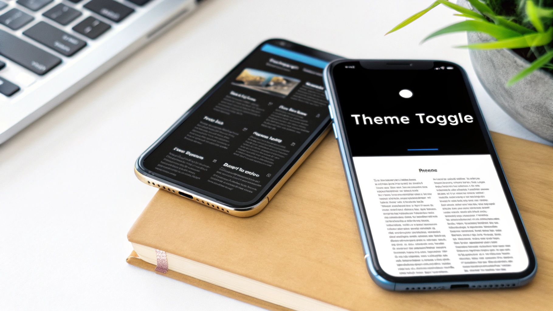 Two smartphones on a desk, one displays a dark-themed app, the other a theme toggle.