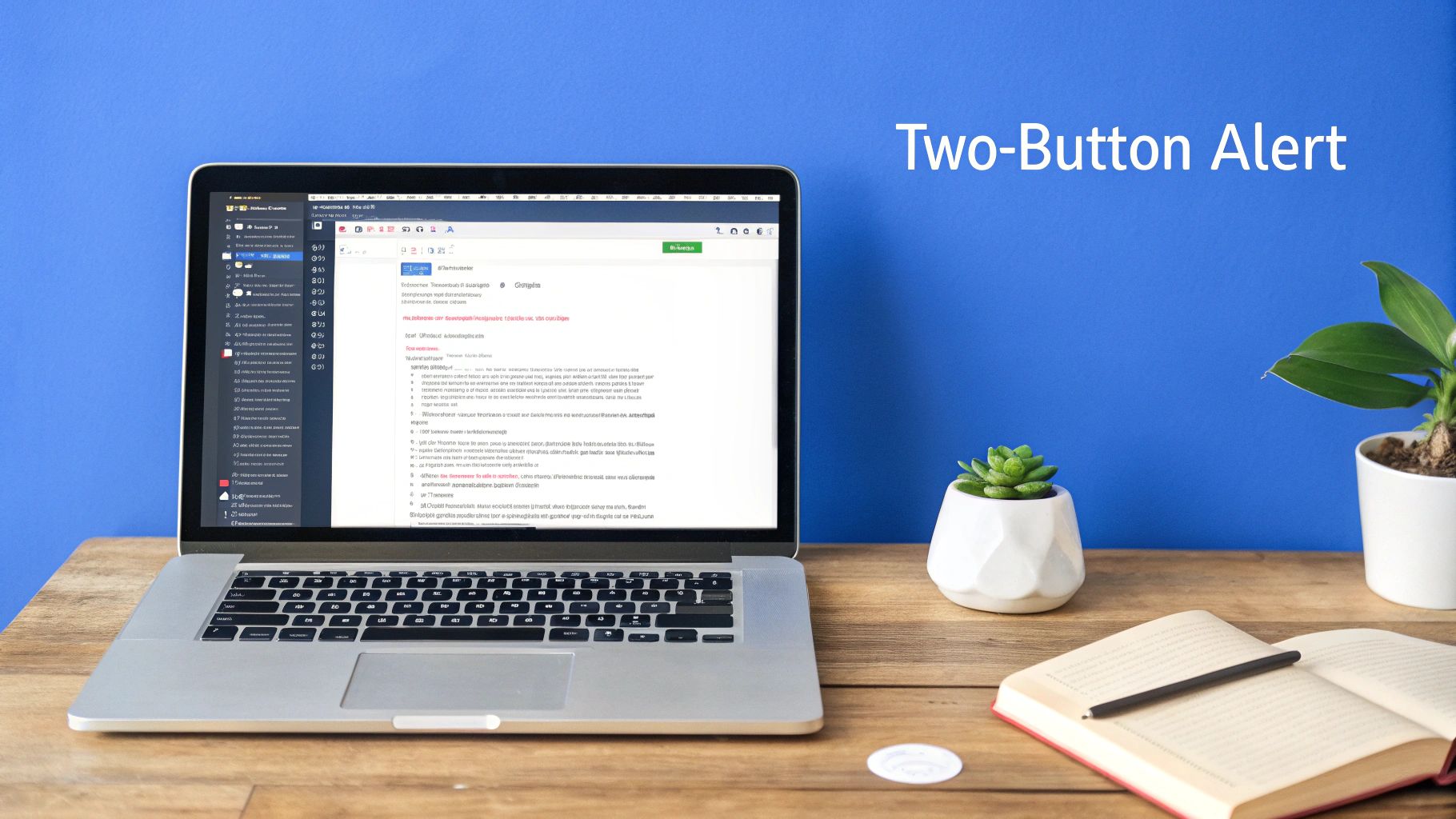 A MacBook on a wooden desk displays a document editor, with plants, an open notebook, and 'Two-Button Alert' text.