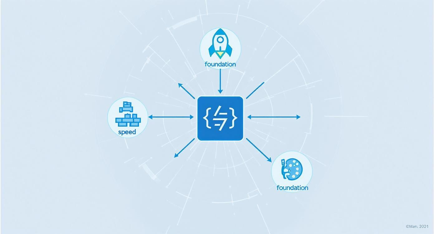 React Native Expo development framework diagram showing foundation, speed, and core coding components interconnected