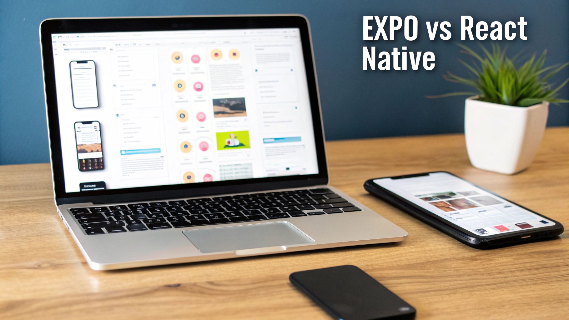A laptop displaying mobile app designs, two smartphones, and a plant on a wooden desk, with 'EXPO vs React Native' text.