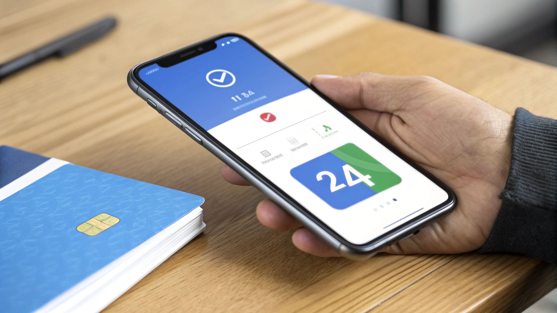 A hand holds a smartphone displaying a banking app with numbers and a checkmark, beside a blue passbook on a wooden table.