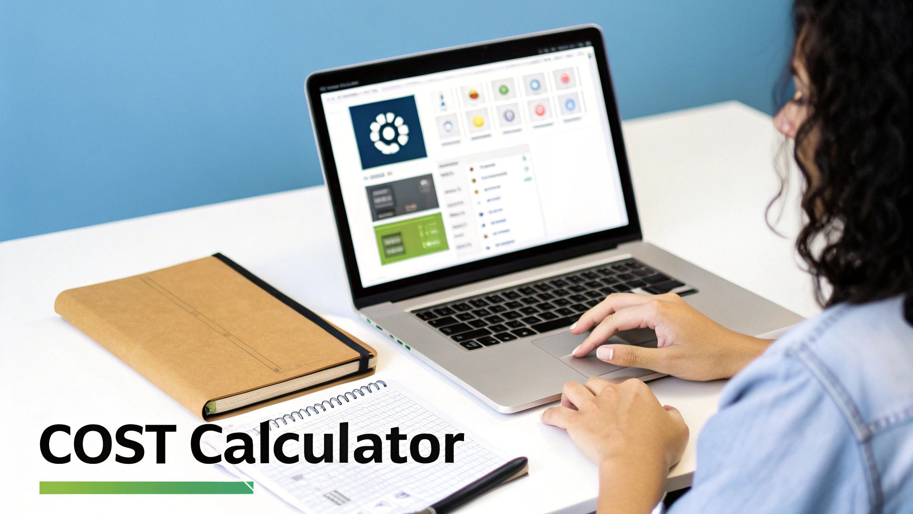 A person works on a laptop displaying an application interface, with 'COST Calculator' text prominent on a desk.