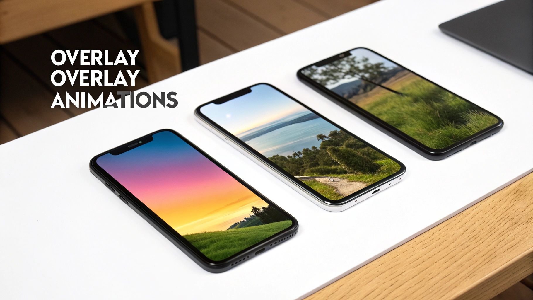 Three smartphones displaying vibrant landscape wallpapers, with overlay text 'OVERLAY ANIMATIONS' on a white desk.