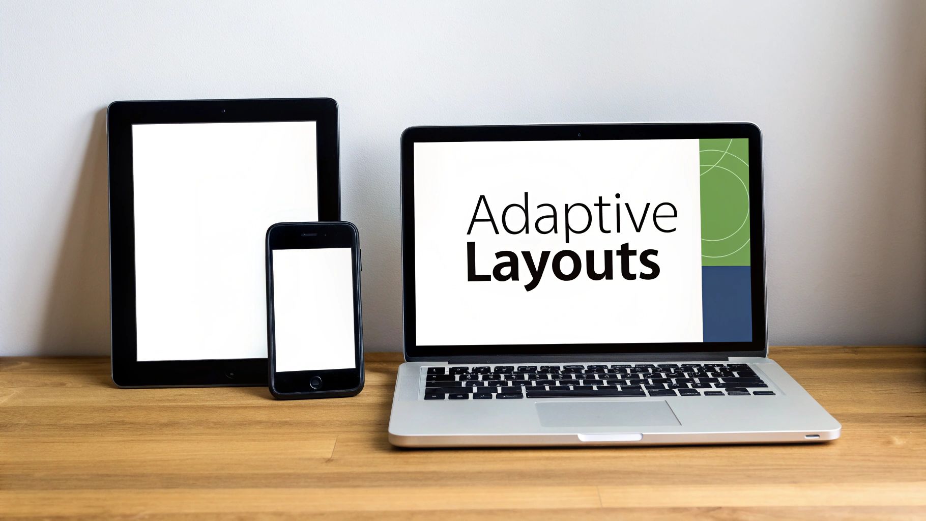 A laptop, smartphone, and tablet on a wooden desk, showing adaptive layouts concept.