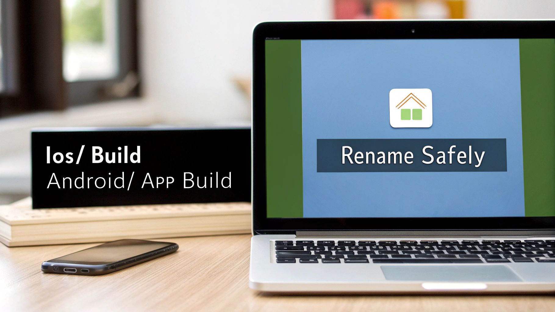 Laptop screen shows 'Rename Safely' and app icon. A sign lists 'iOS/ Build', 'Android/ App Build', with a smartphone.