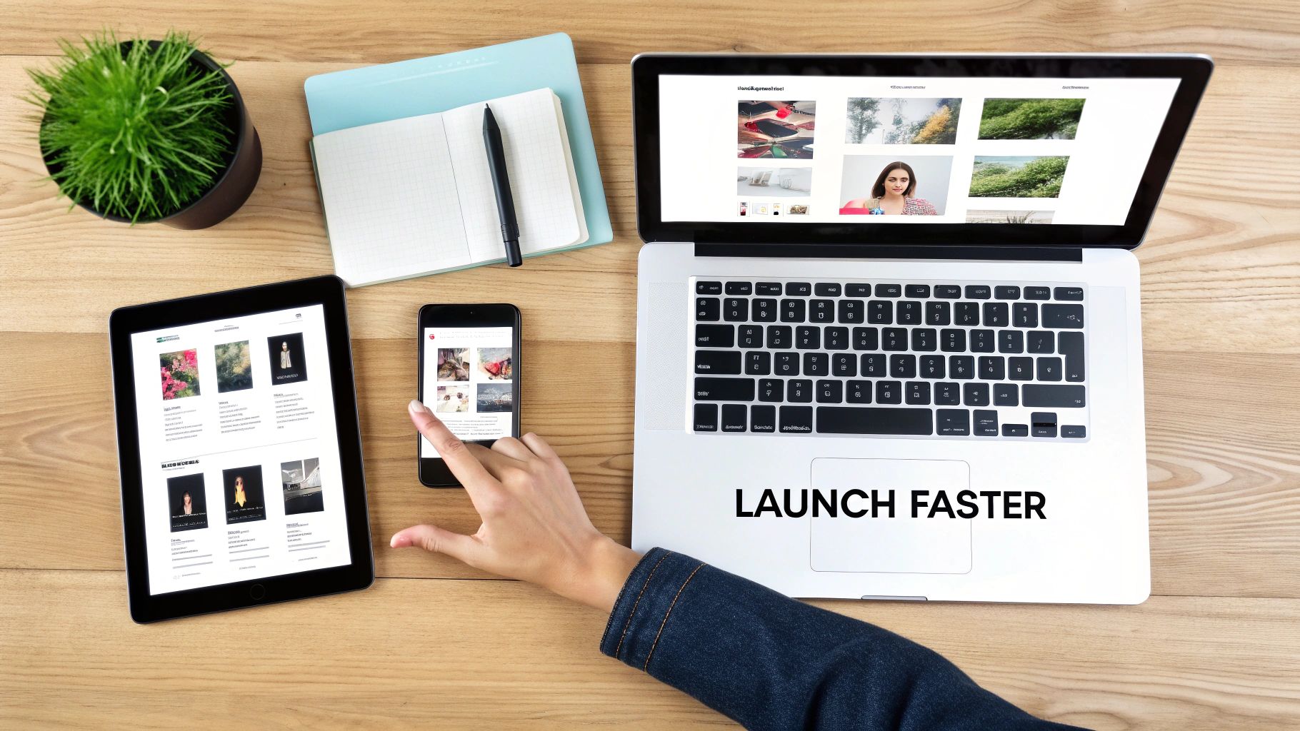 Overhead view of a workspace with laptop, tablet, smartphone, and notes. A hand touches the phone, laptop reads 'LAUNCH FASTER'.