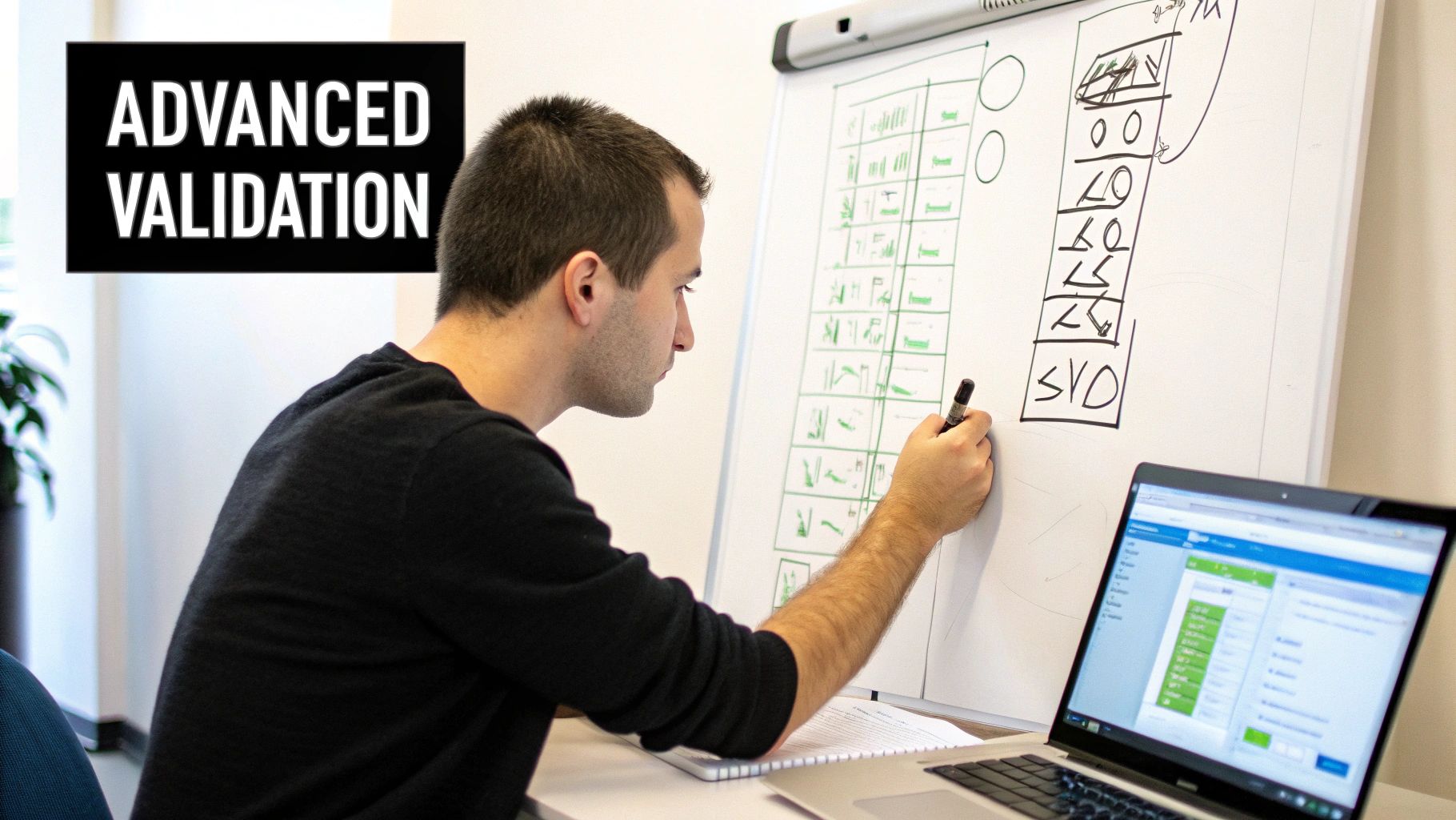 A man writes on a whiteboard with diagrams and data, next to a laptop displaying a spreadsheet, with "ADVANCED VALIDATION" visible.