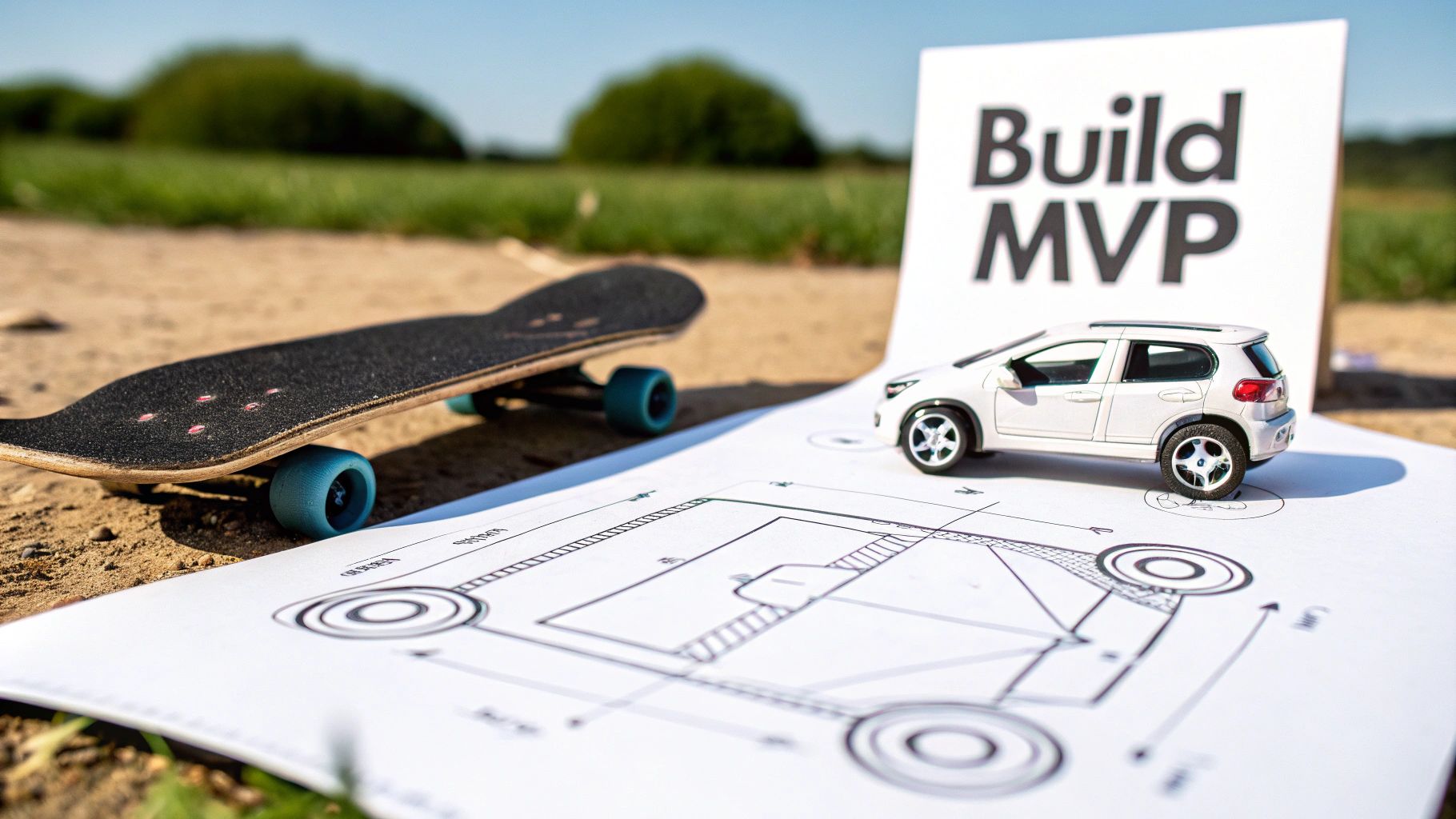 A skateboard, a toy car, and a "Build MVP" sign on a blueprint, symbolizing product development.