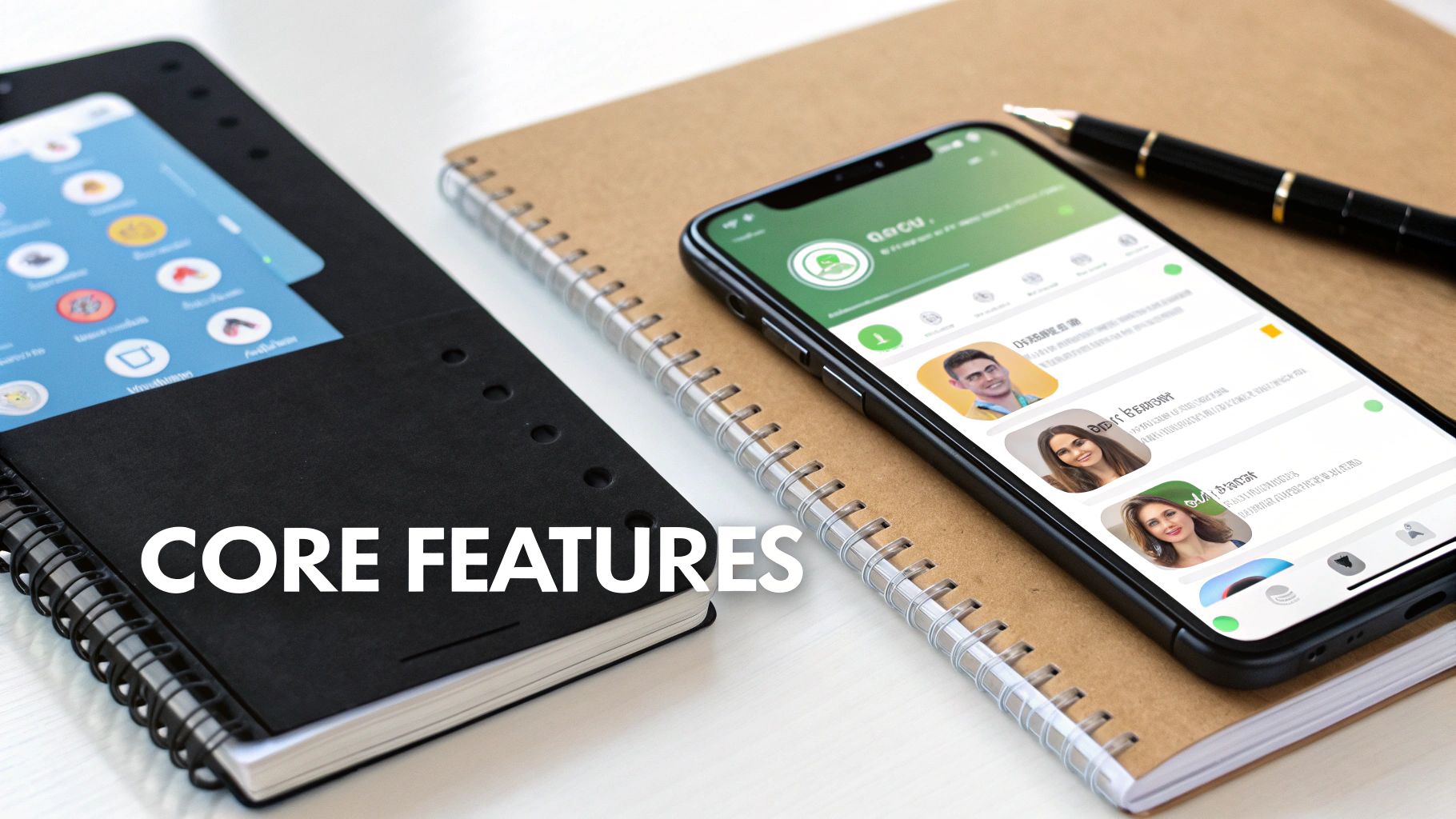 Close-up of a smartphone displaying a social app, notebooks, and a pen, highlighting core features.