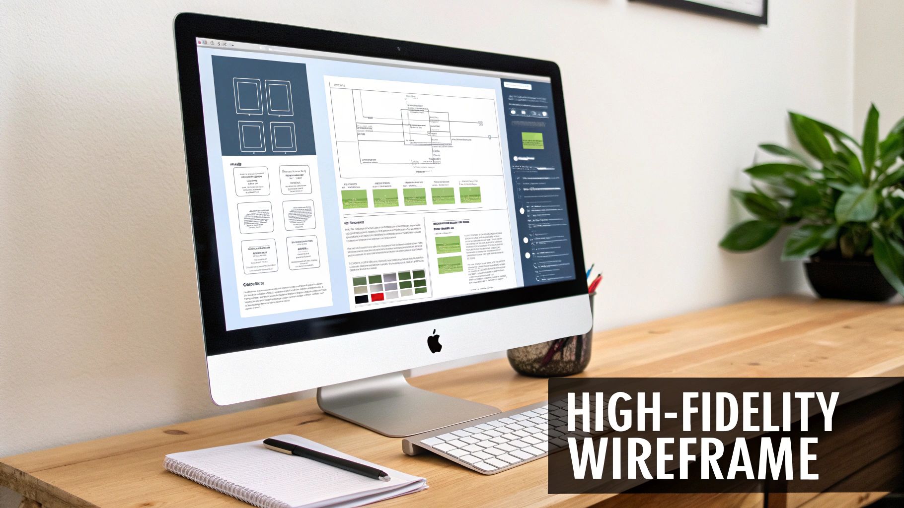 A high-fidelity wireframe design is displayed on an iMac computer in a modern workspace.