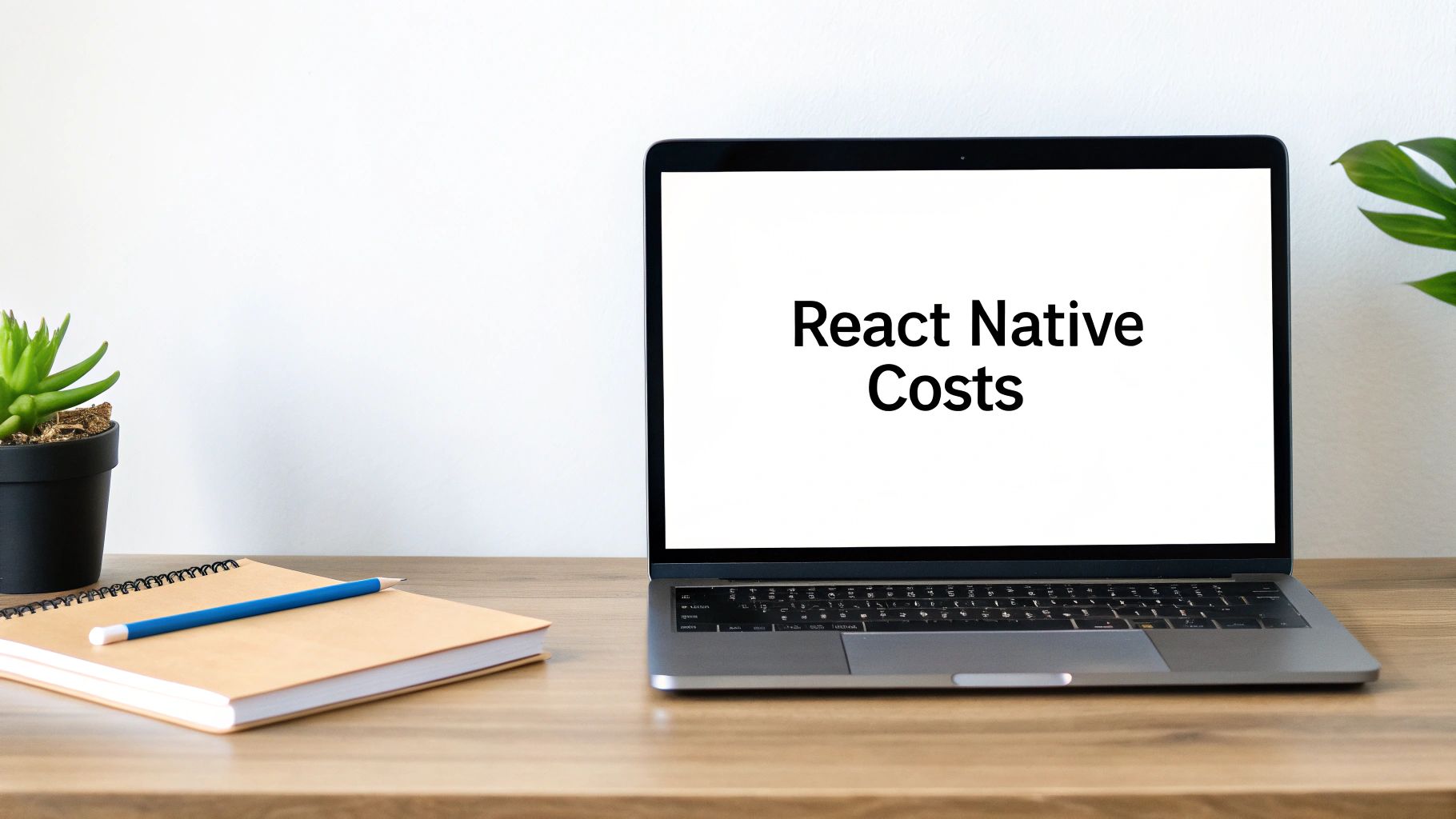 A laptop displaying 'React Native Costs' on a wooden desk next to a potted succulent and a notebook.
