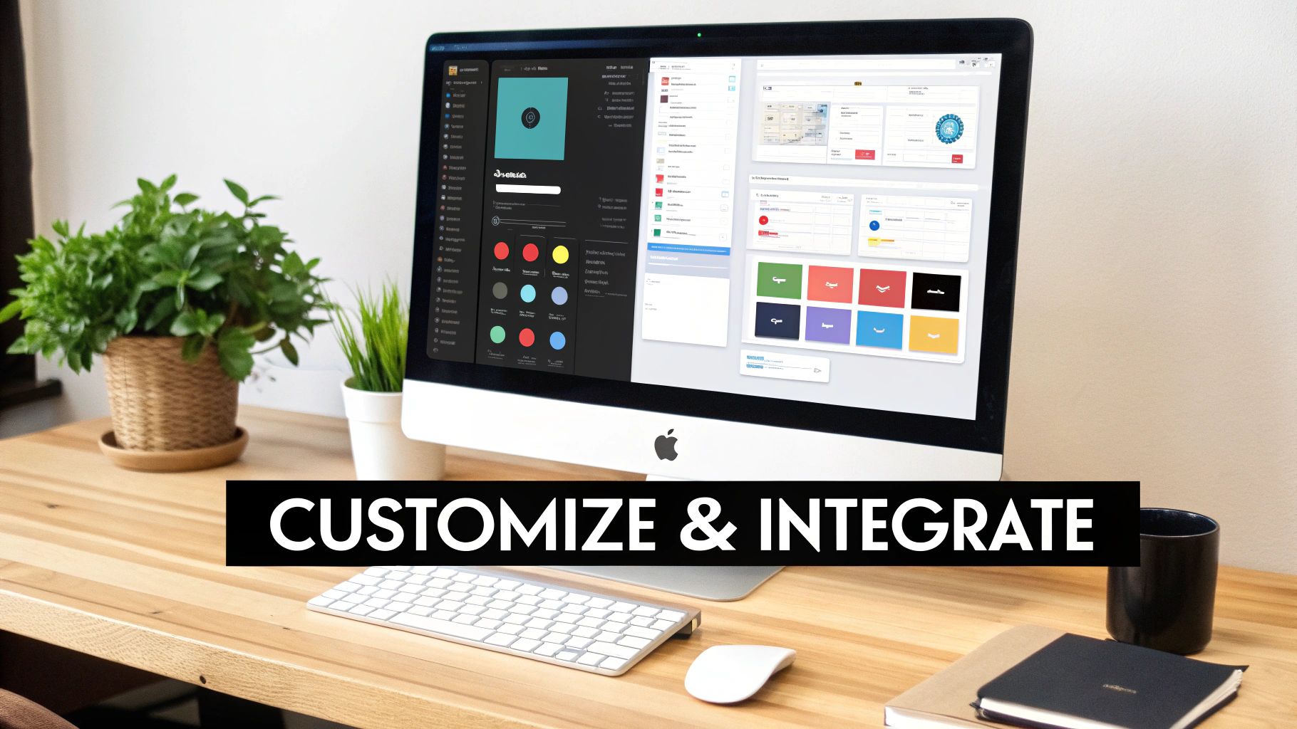 A modern desk setup with an Apple iMac displaying a customizable website UI template and plants.