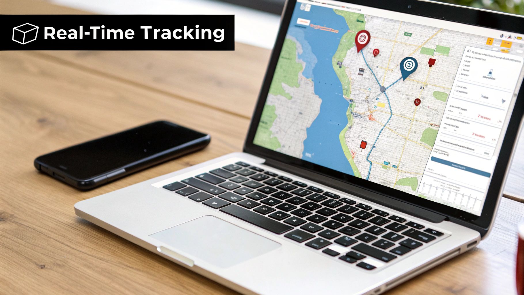 Laptop displaying a real-time tracking map with pins and routes, next to a smartphone on a wooden desk.