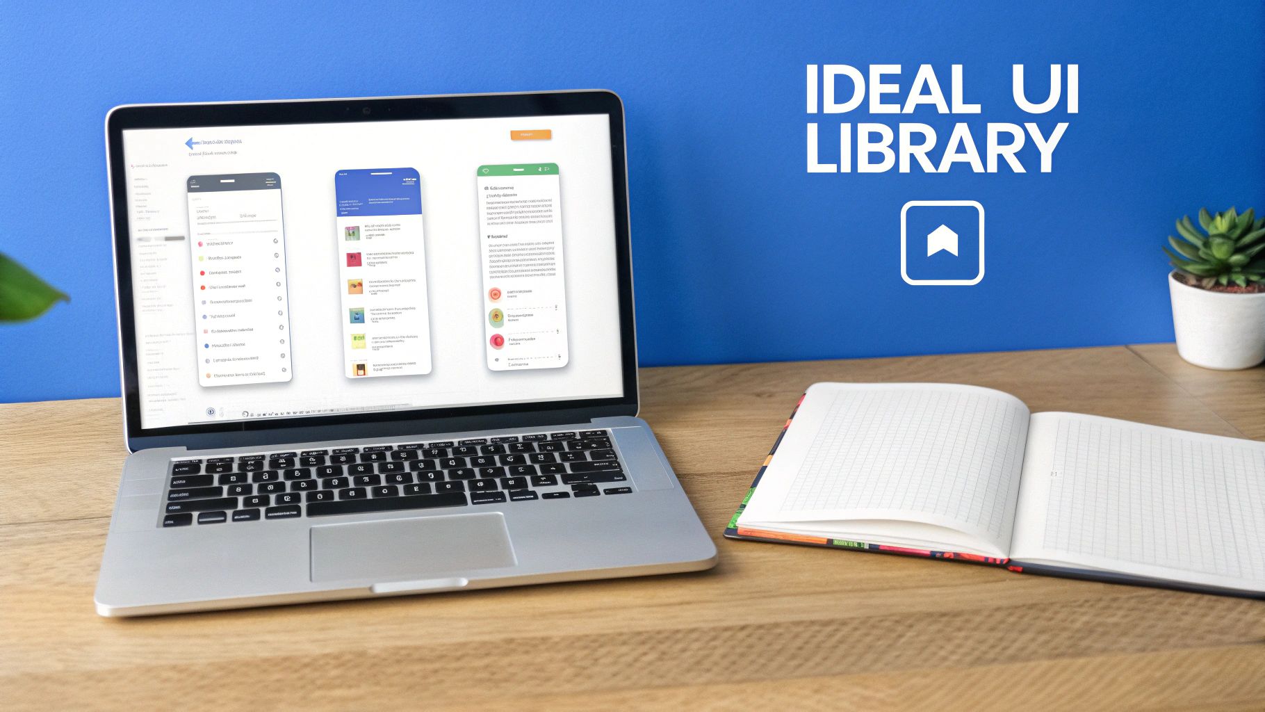 Laptop displaying UI designs for a React Native library, with a notebook and plant on a wooden desk.