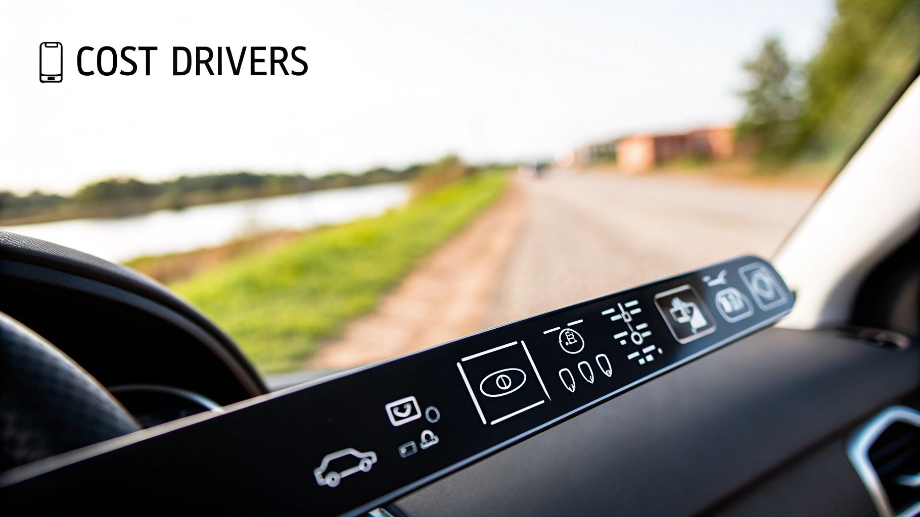 Car interior with a digital display panel showing various icons, and text 'COST DRIVERS'.
