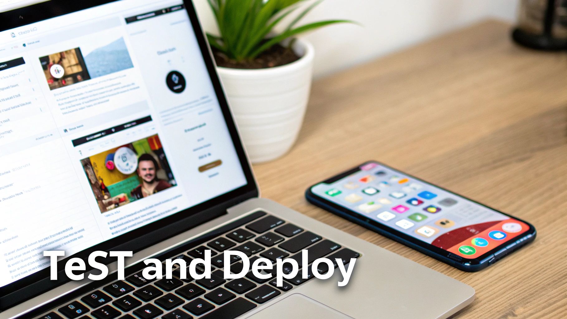 A laptop and a smartphone on a wooden desk, showing interfaces for mobile application development.
