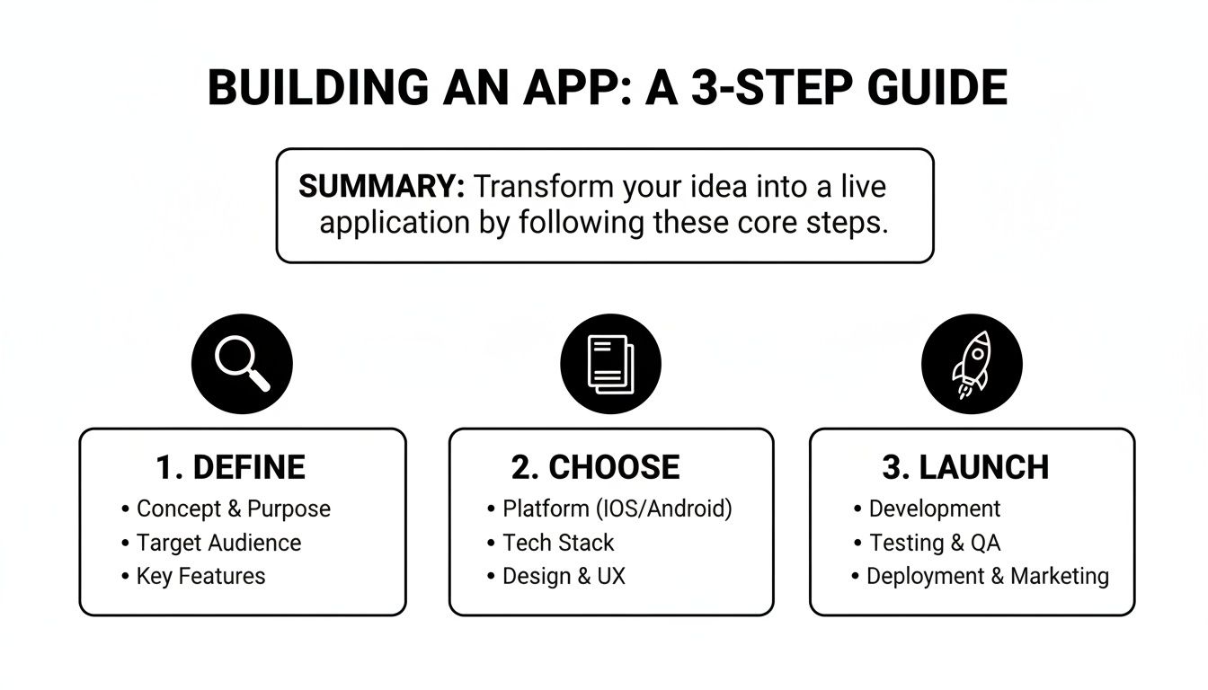 Infographic detailing a 3-step guide to building an app, including define, choose, and launch.