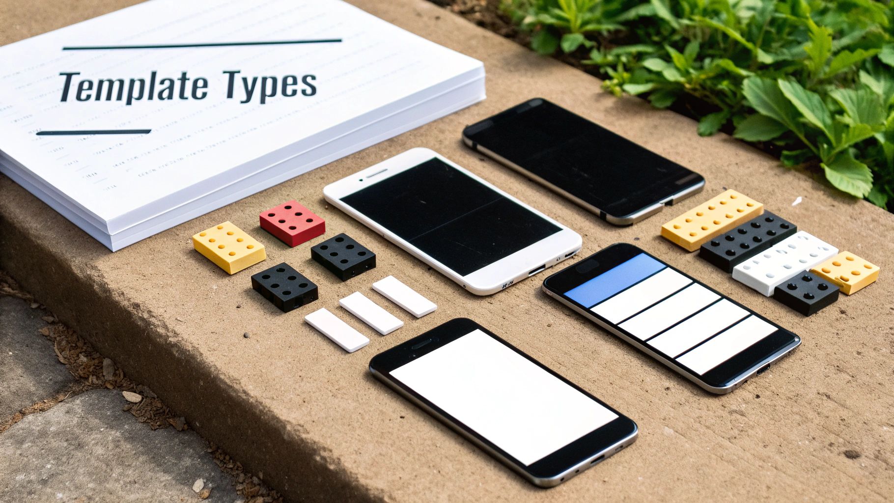 Layout of template types document, smartphones, and colorful design blocks on concrete.
