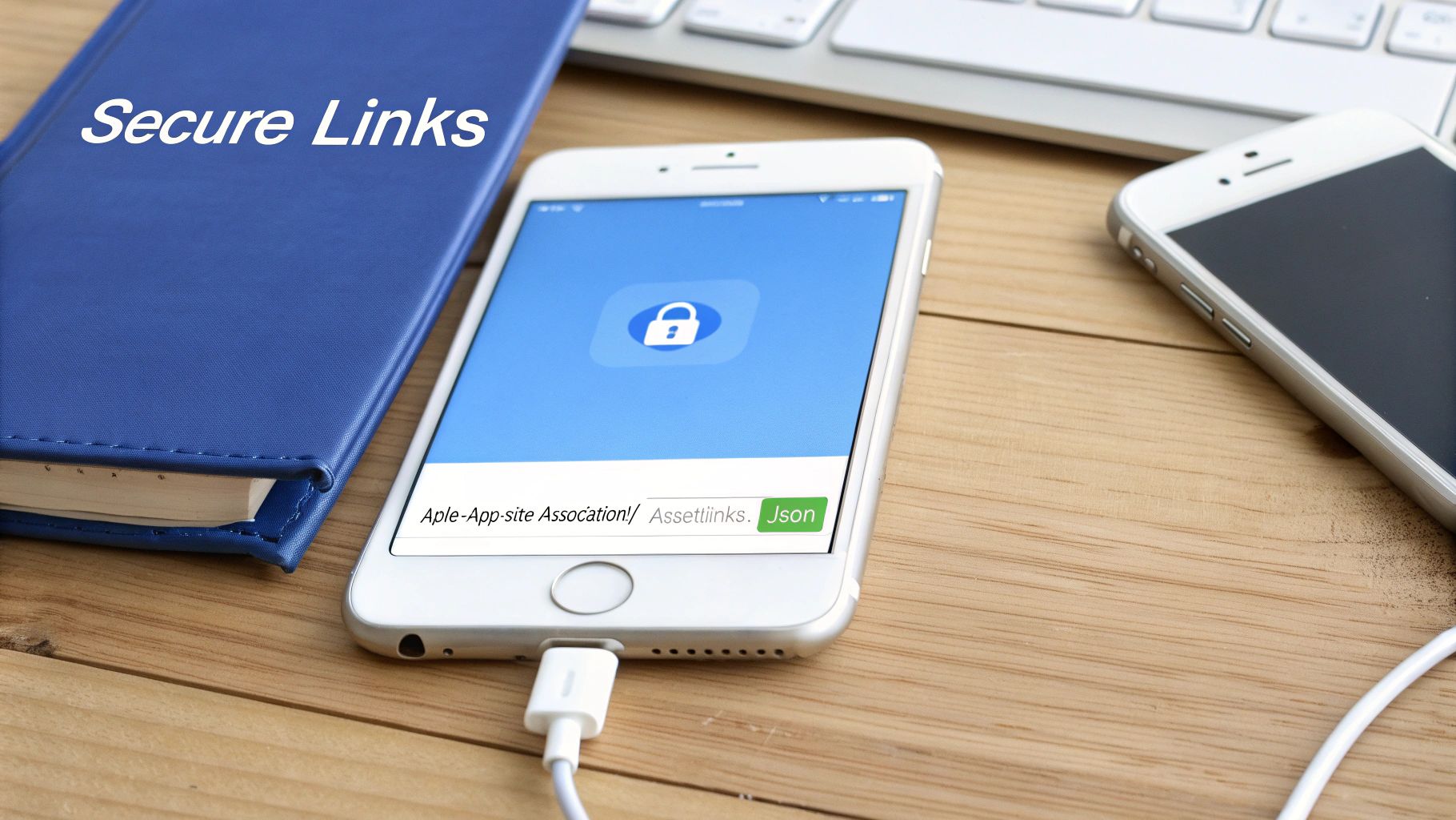 A smartphone on a wooden desk displaying a secure links message with a lock icon, next to a blue notebook and keyboard.