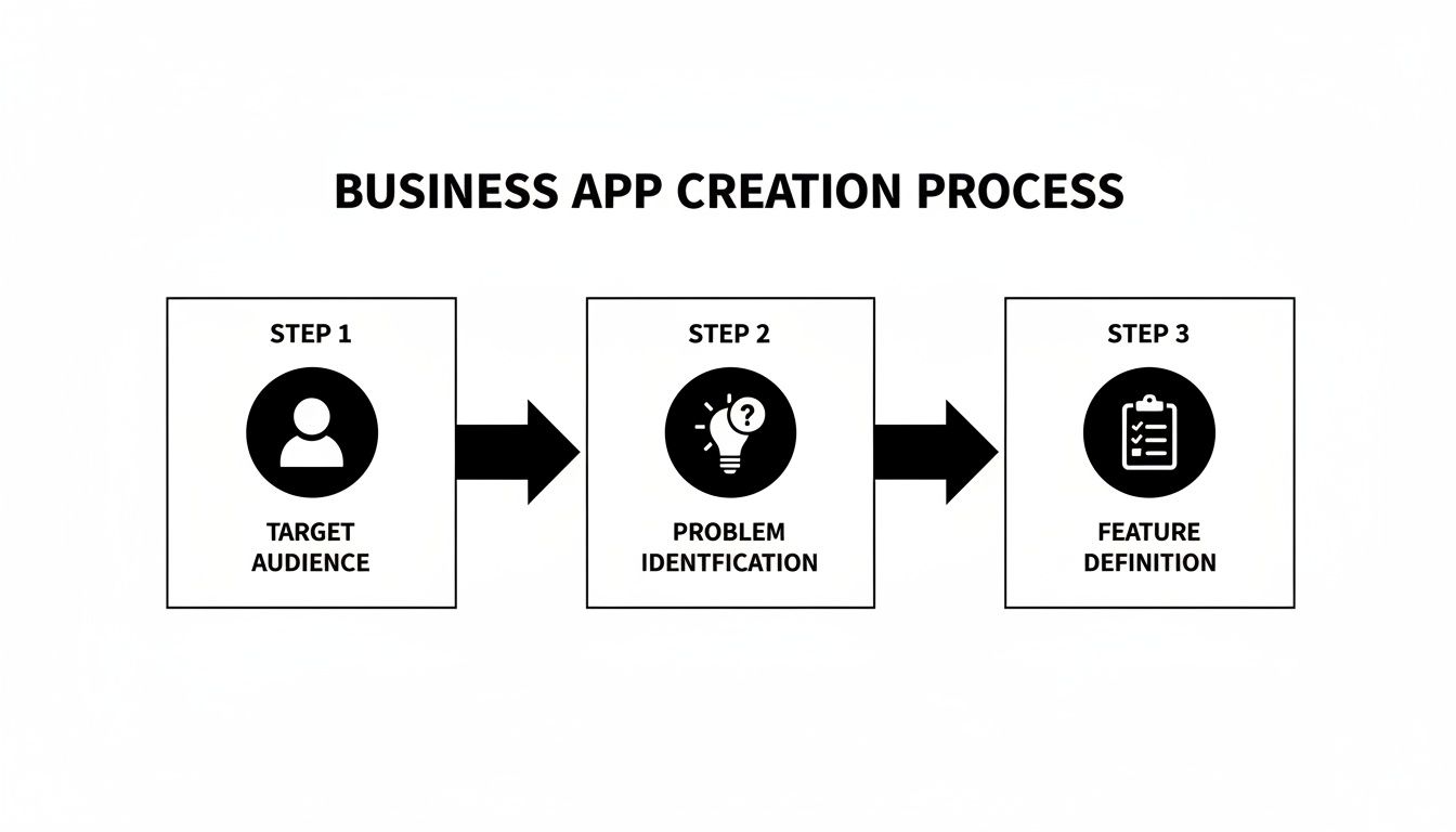 A diagram illustrating the business app creation process with three steps: Target Audience, Problem Identification, and Feature Definition.