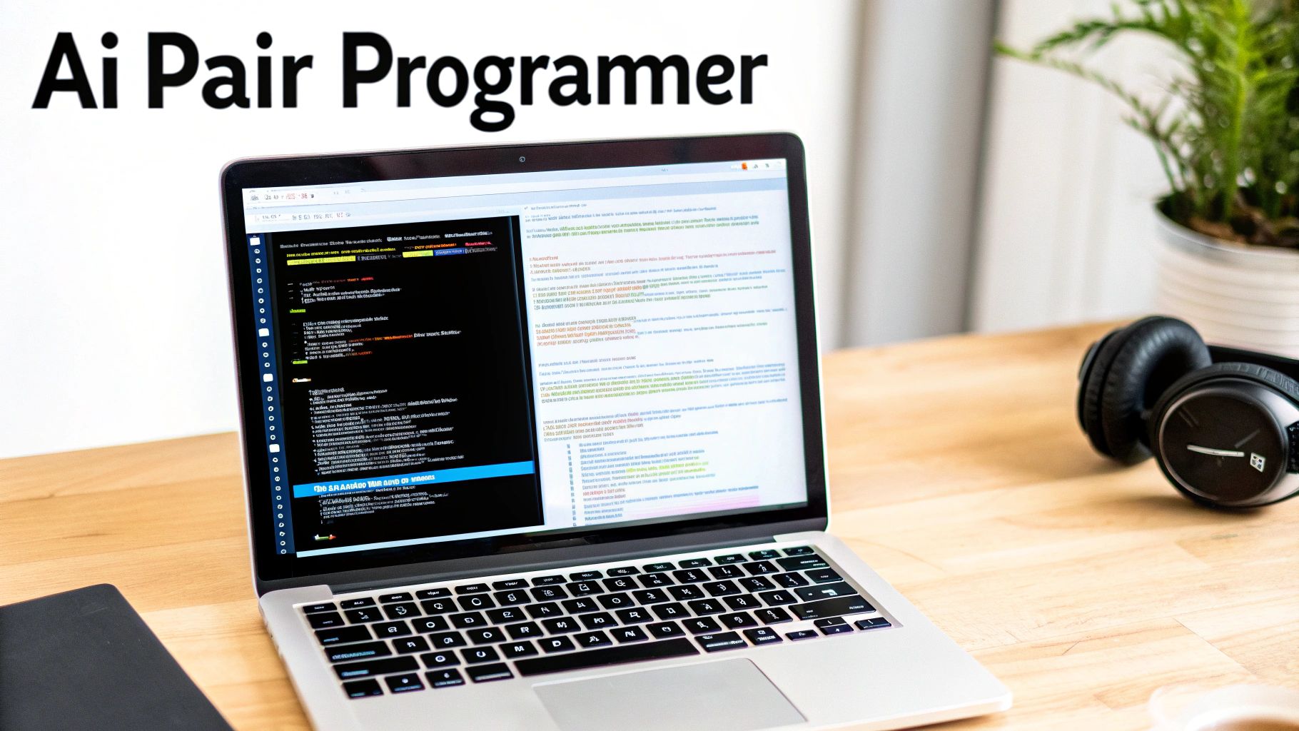A laptop displaying code on a desk with headphones, suggesting an AI pair programmer workspace.