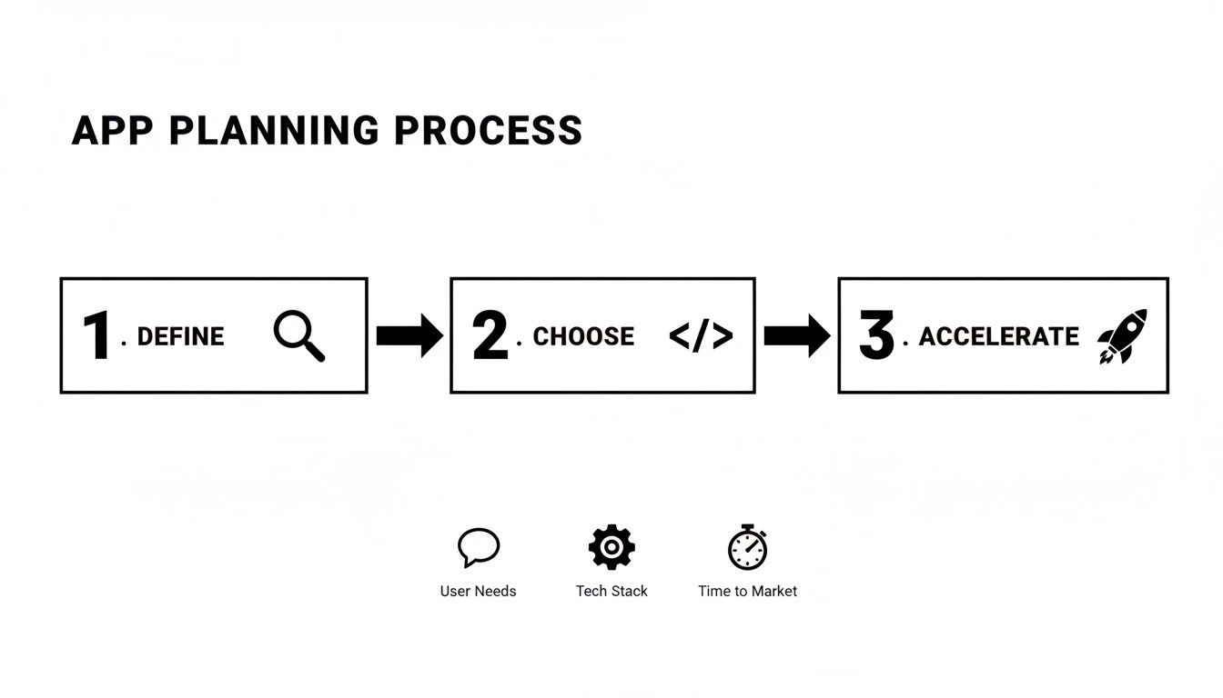 App planning process flowchart: Define, Choose, Accelerate, with considerations for user needs, tech stack, and time to market.