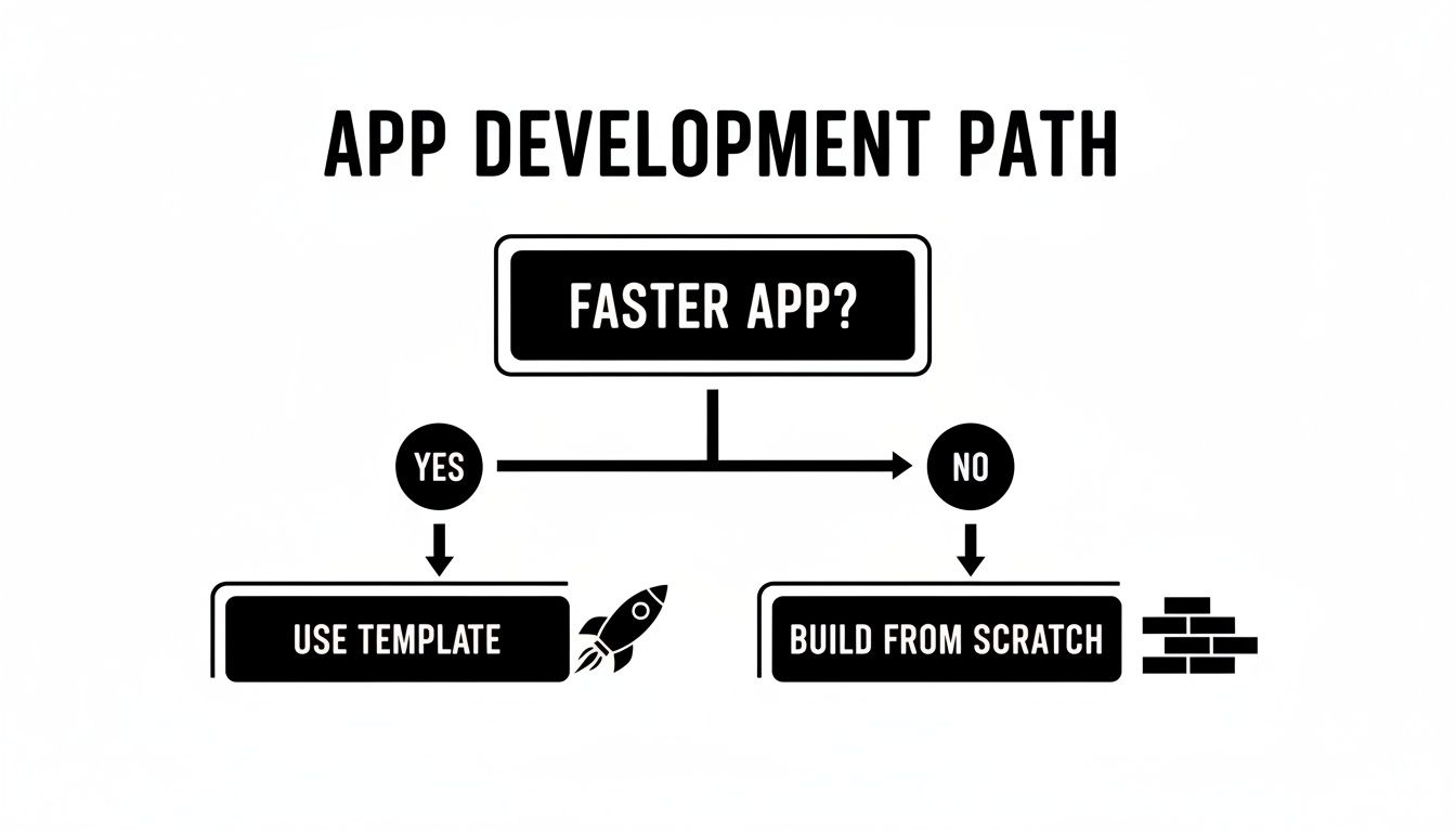 Flowchart for app development: if a faster app is needed, use a template, else build from scratch.