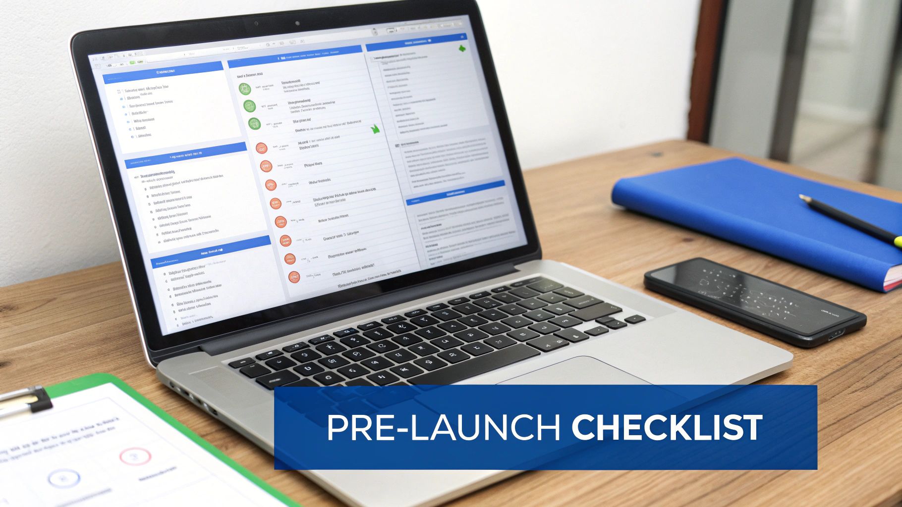 Laptop displaying pre-launch checklist dashboard with task management interface on wooden desk workspace
